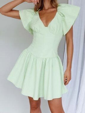 V-Neck Puff Sleeve Mini Dress in Light Lime